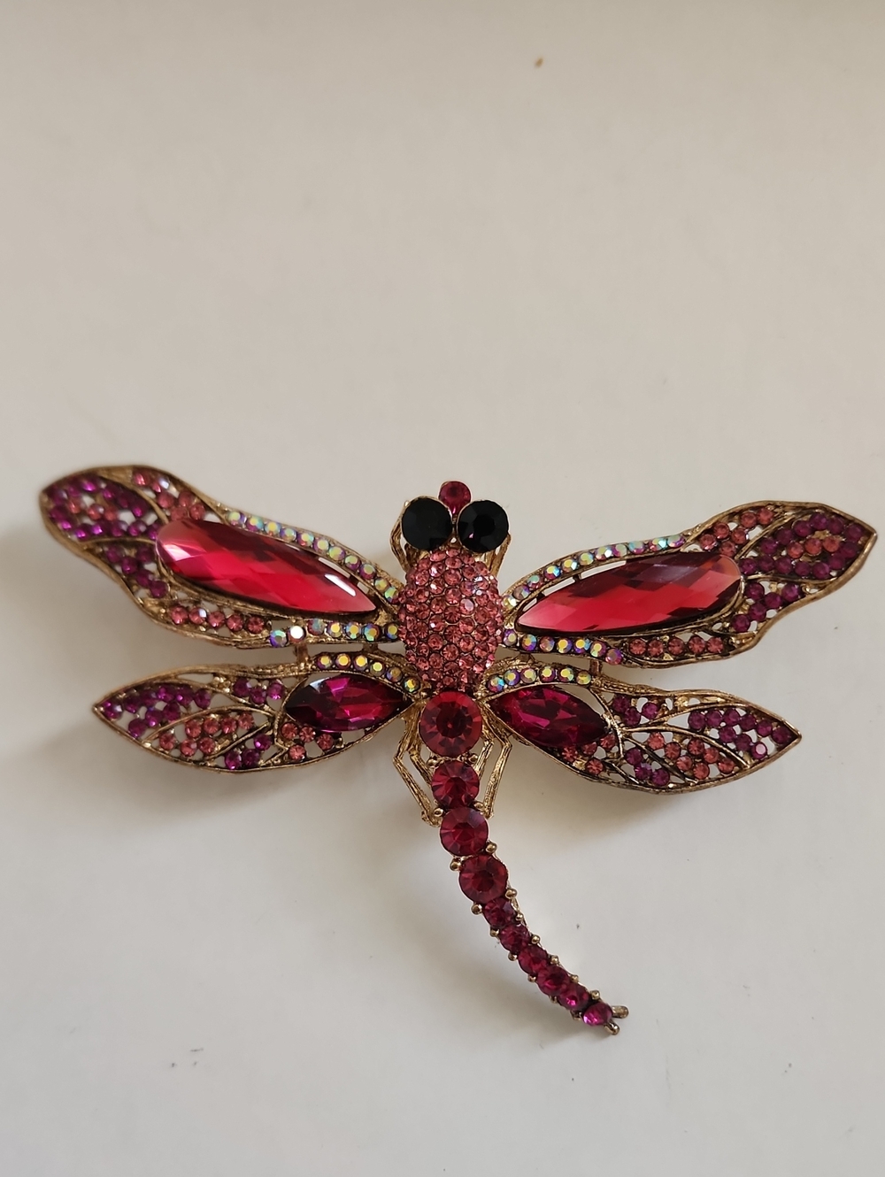 Oversized Dragonfly Brooch Pink Fuchsia Crystal Gold Tone Pin